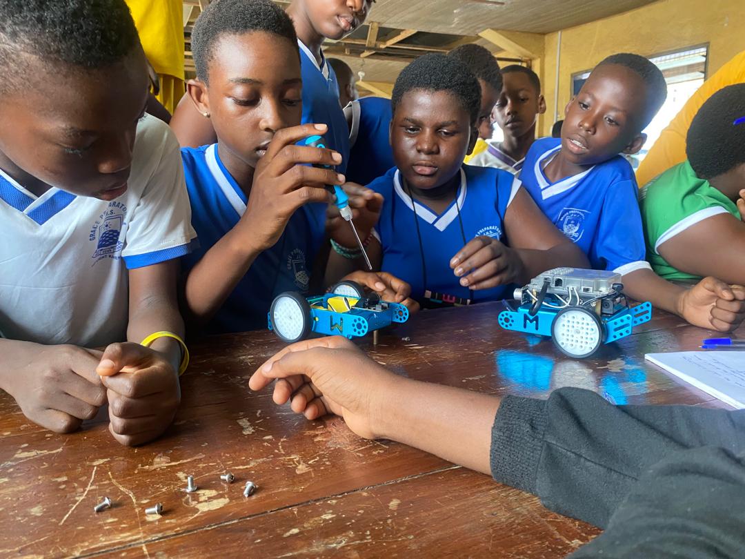 Students working with robots